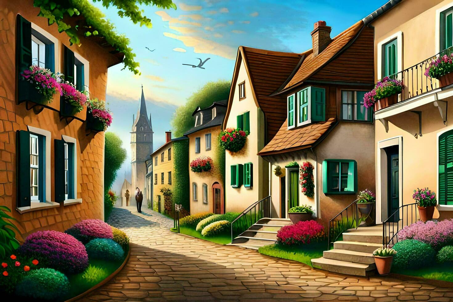 a painting of a street with flowers and houses. AI-Generated photo