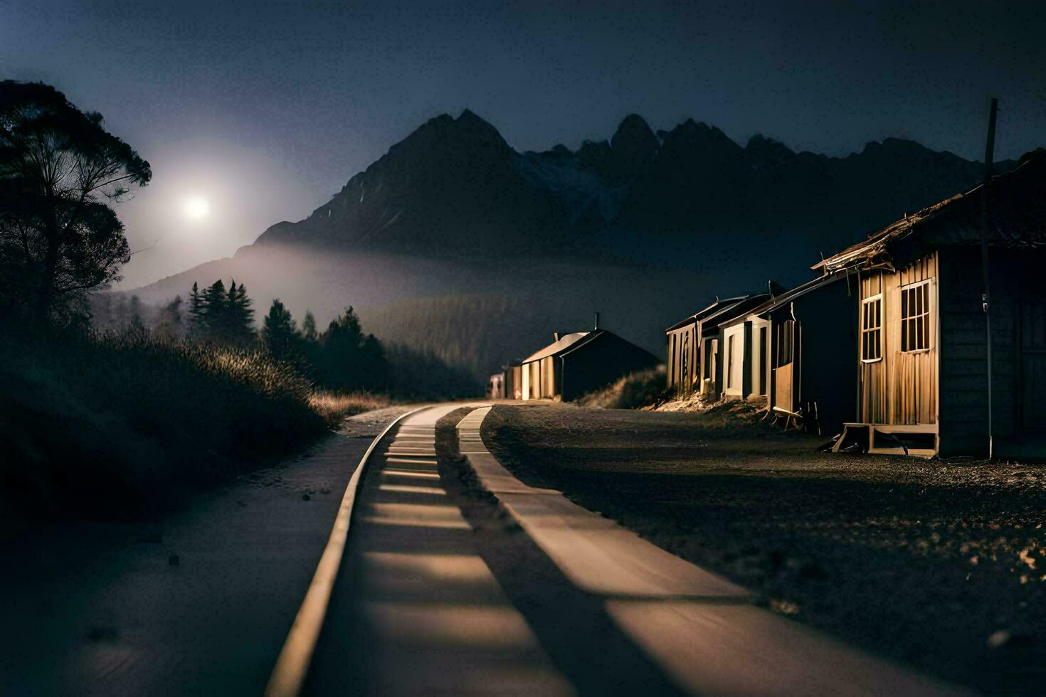 a train tracks in the middle of a mountain road at night. AI-Generated photo