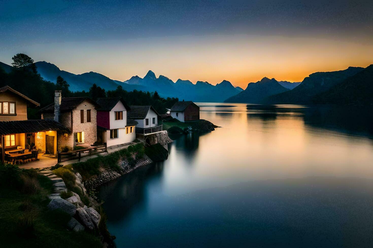 un casa se sienta en el apuntalar de un lago a puesta de sol. generado por ai foto
