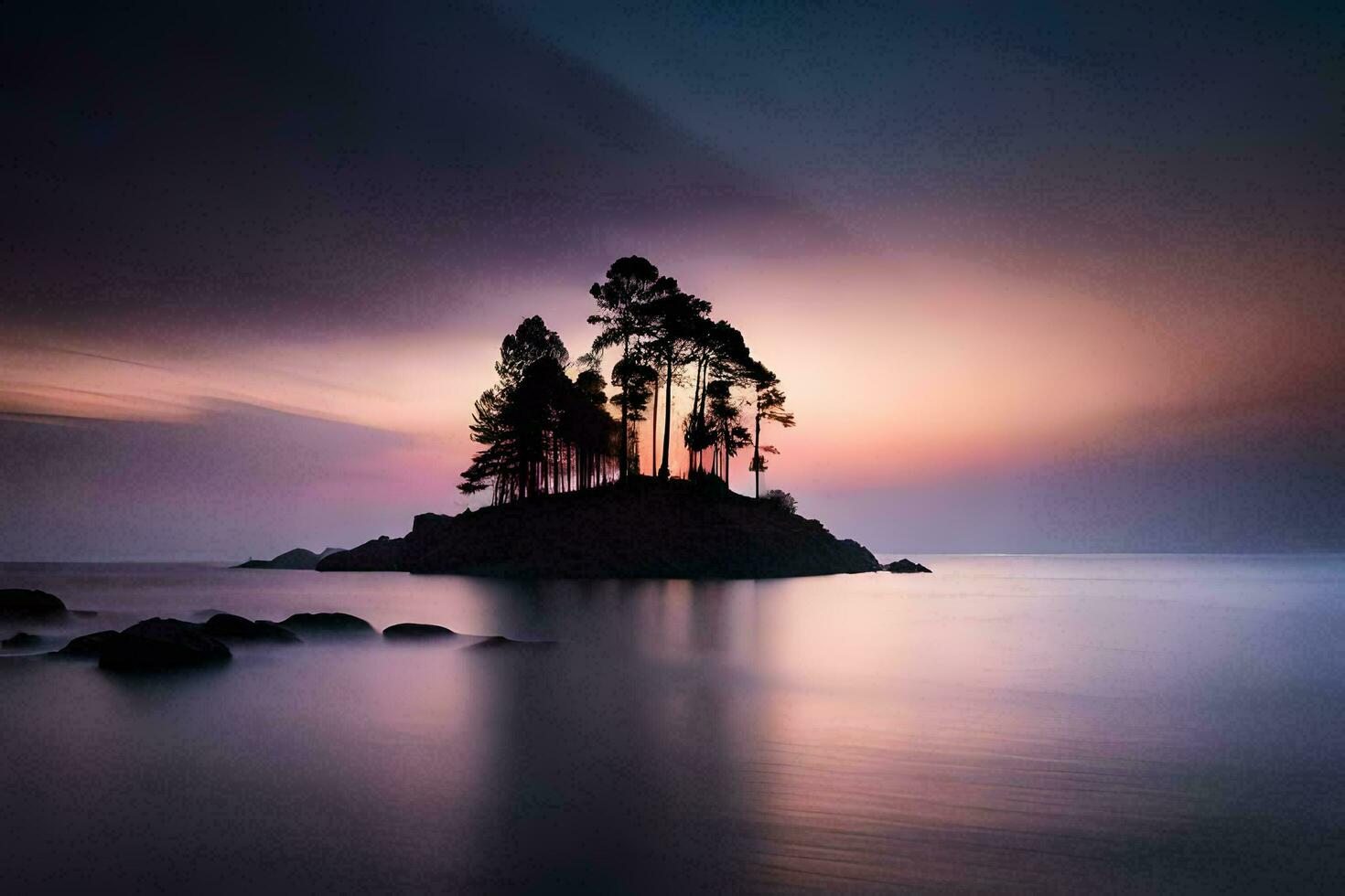 un solitario árbol en un isla en el medio de el océano. generado por ai foto