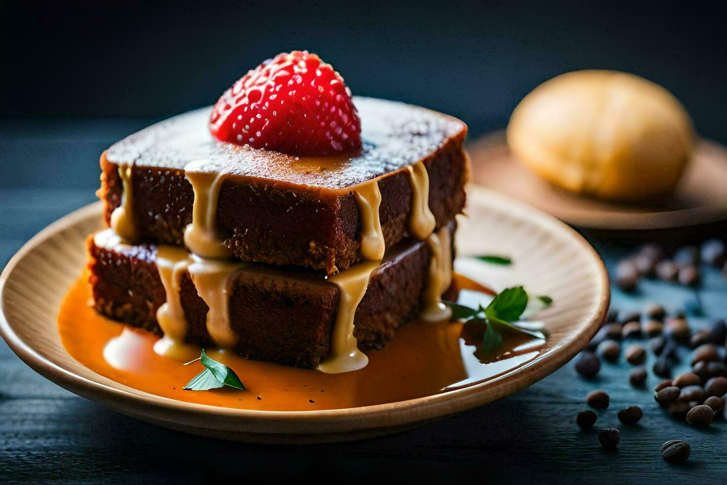 a piece of cake with strawberries and caramel sauce. AI-Generated photo