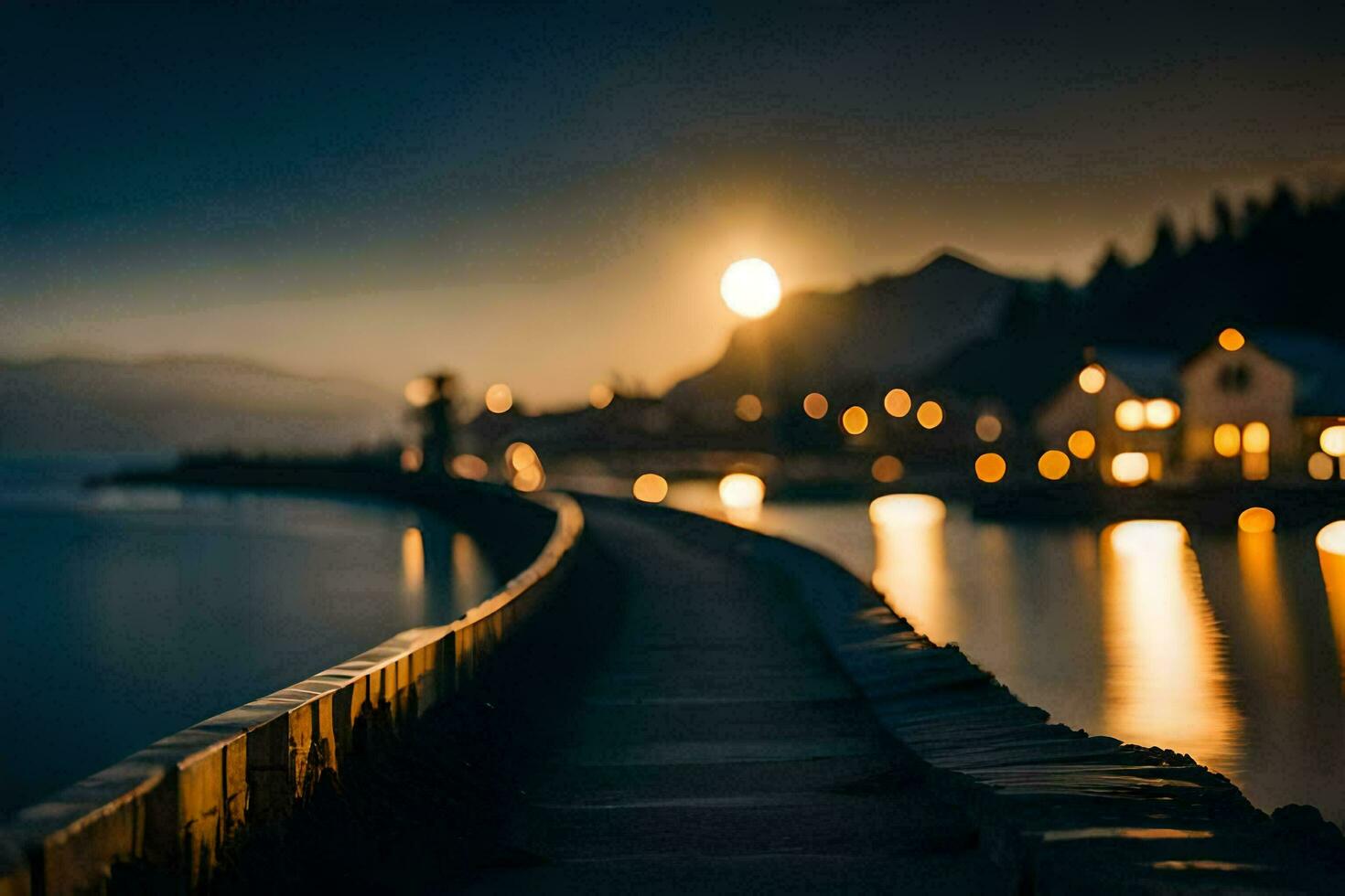 a long pier with lights on it at night. AI-Generated photo