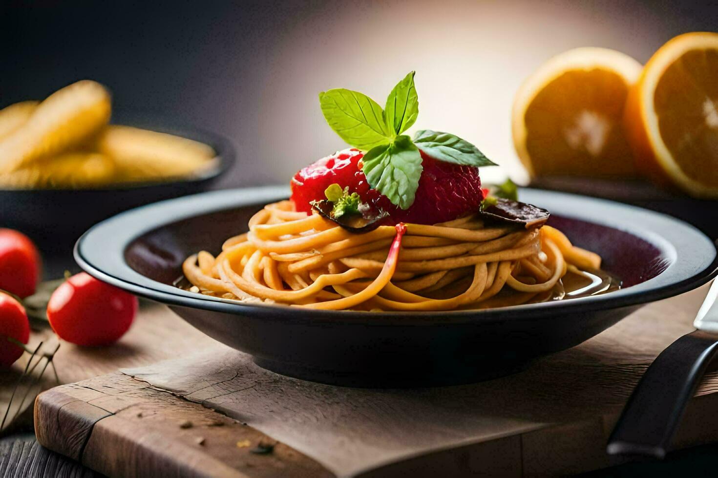 spaghetti with tomato sauce and strawberries on a wooden cutting board. AI-Generated photo