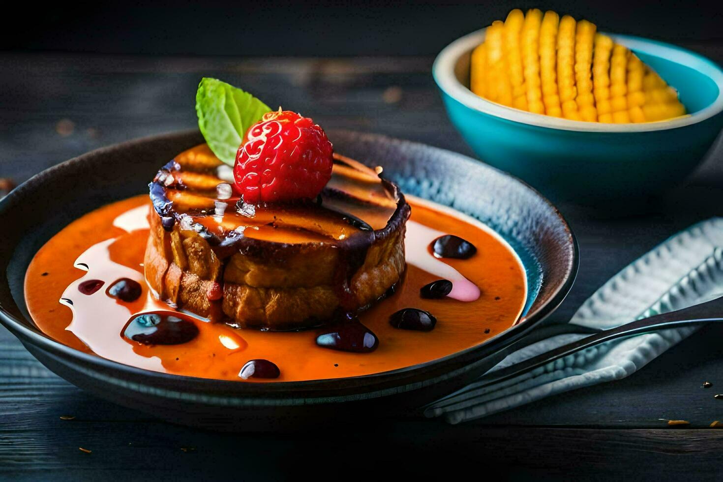 a dessert with a sauce and a strawberry. AI-Generated photo