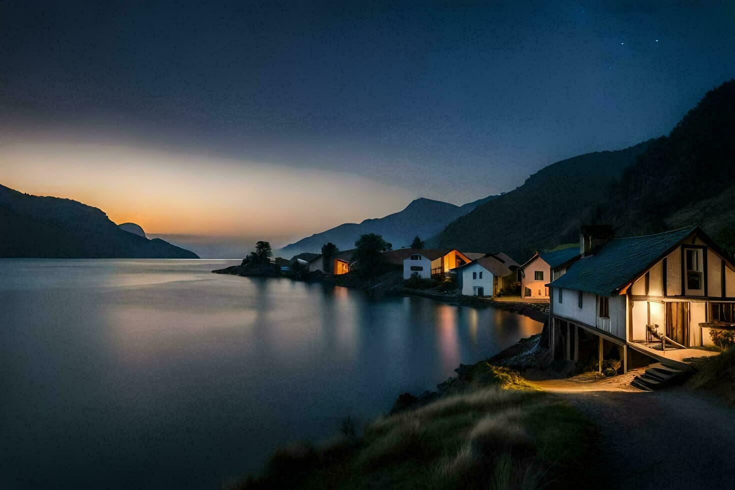 a house sits on the shore of a lake at night. AI-Generated photo