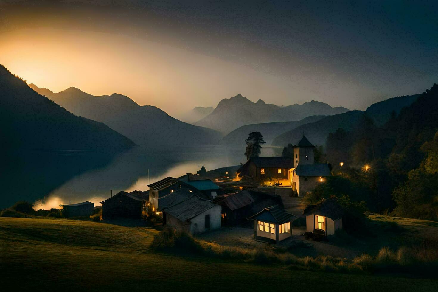 foto fondo de pantalla el cielo, montañas, lago, casa, atardecer, el montañas, lago, casa. generado por ai