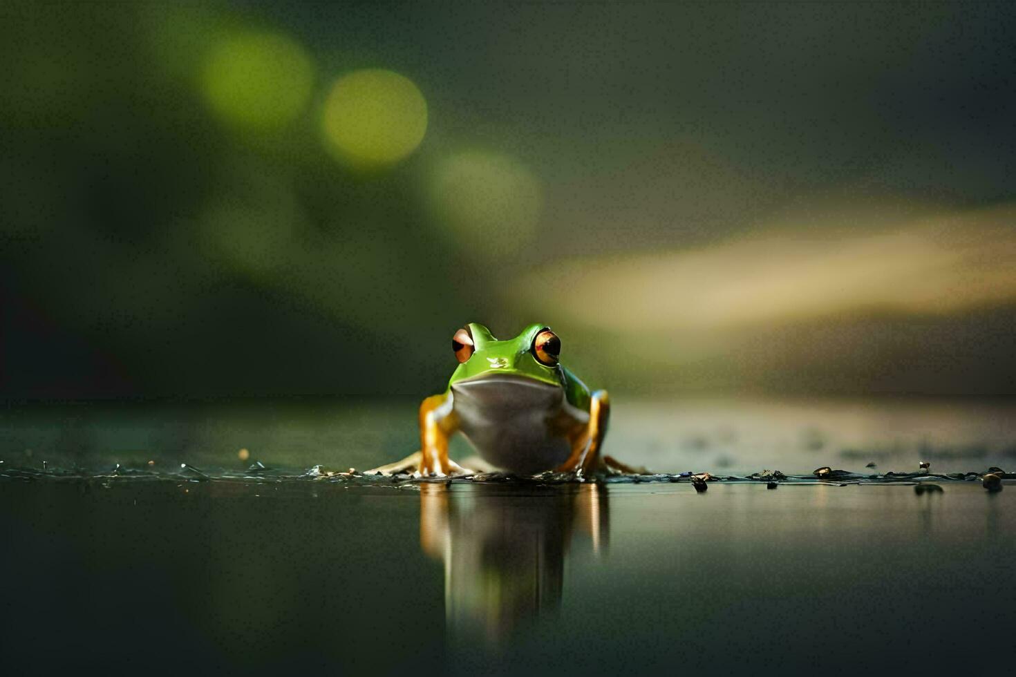 a frog sitting on the water with a blurry background. AI-Generated photo