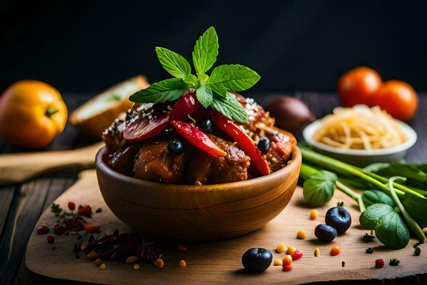 chicken wings in a bowl with vegetables and herbs. AI-Generated photo