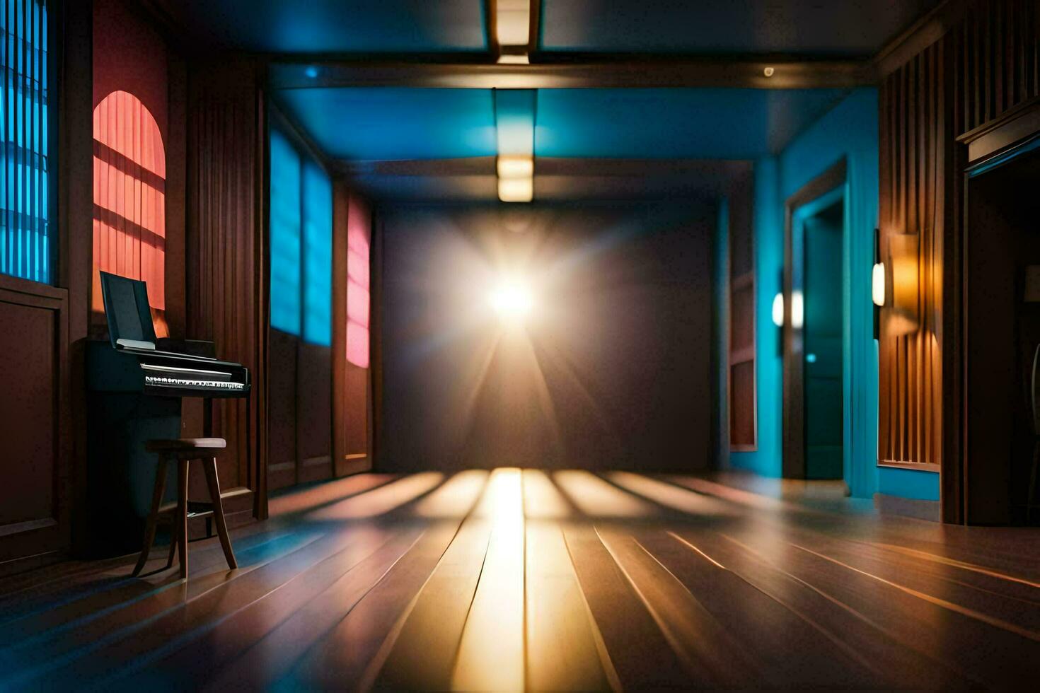 a piano in a room with a light shining through the windows. AI-Generated photo