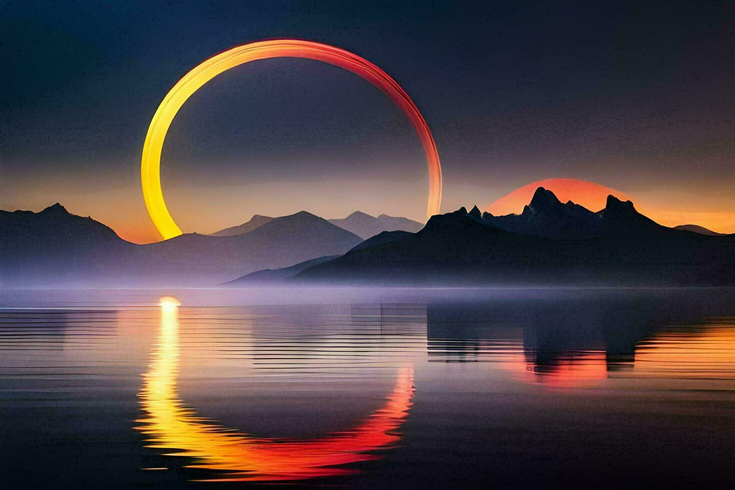 a ring of light over a lake and mountains. AI-Generated photo