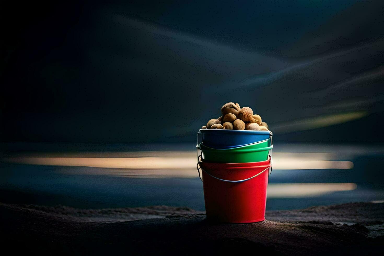 a bucket of nuts on a beach with a dark sky. AI-Generated photo