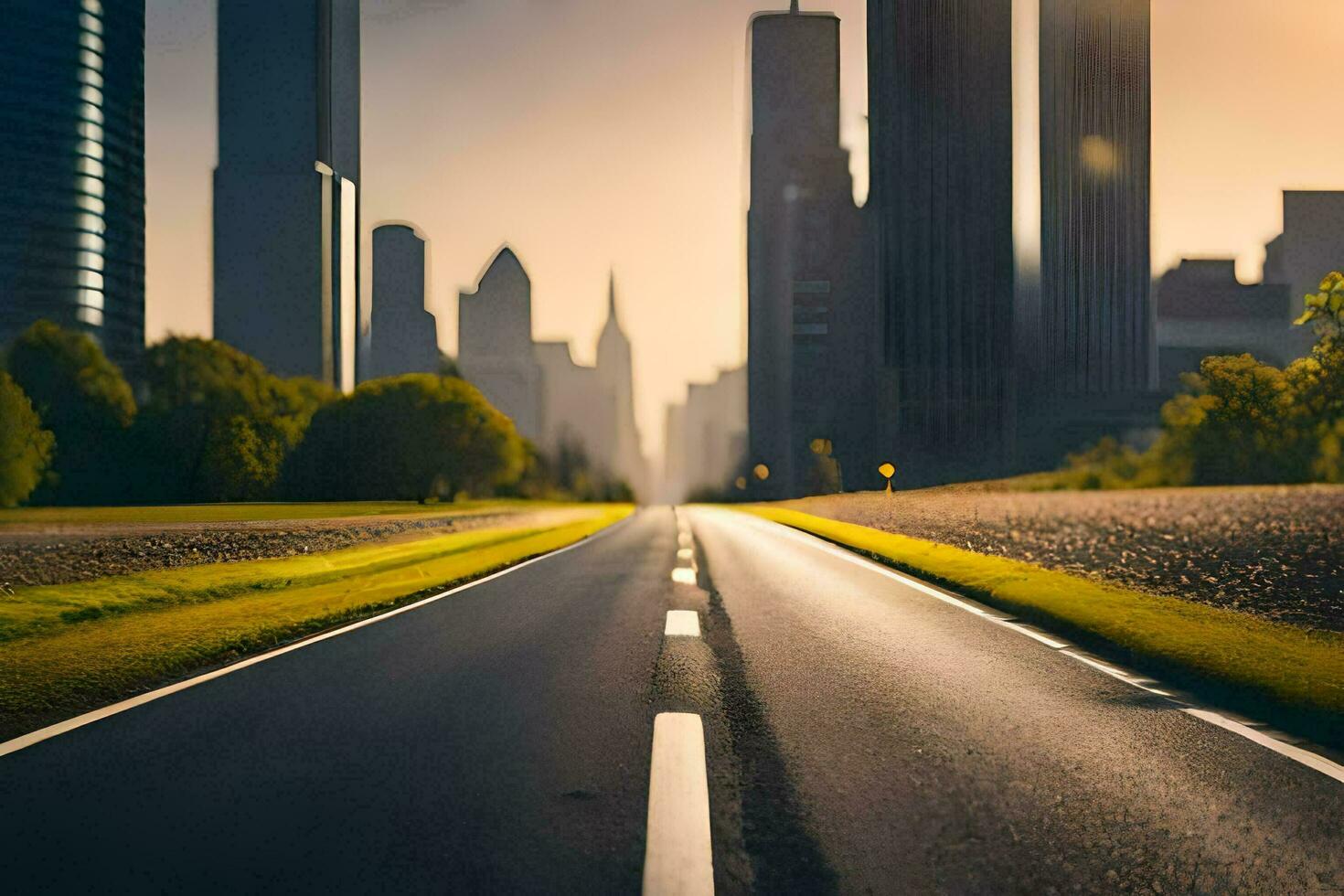 un vacío la carretera en frente de alto edificios generado por ai foto