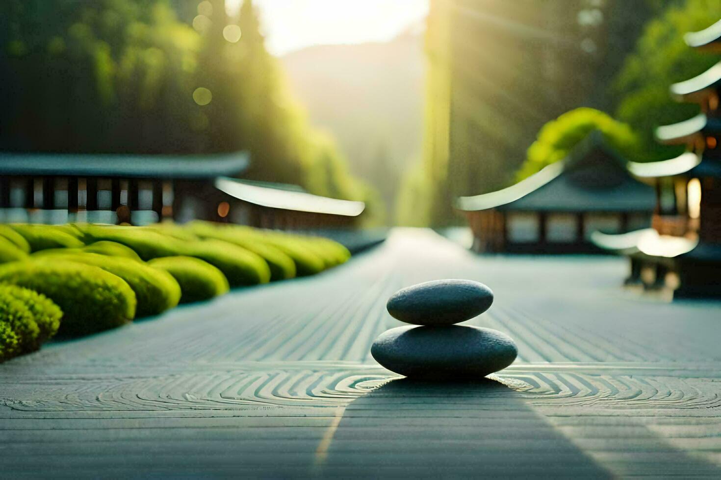 a zen garden with stones and trees. AI-Generated photo