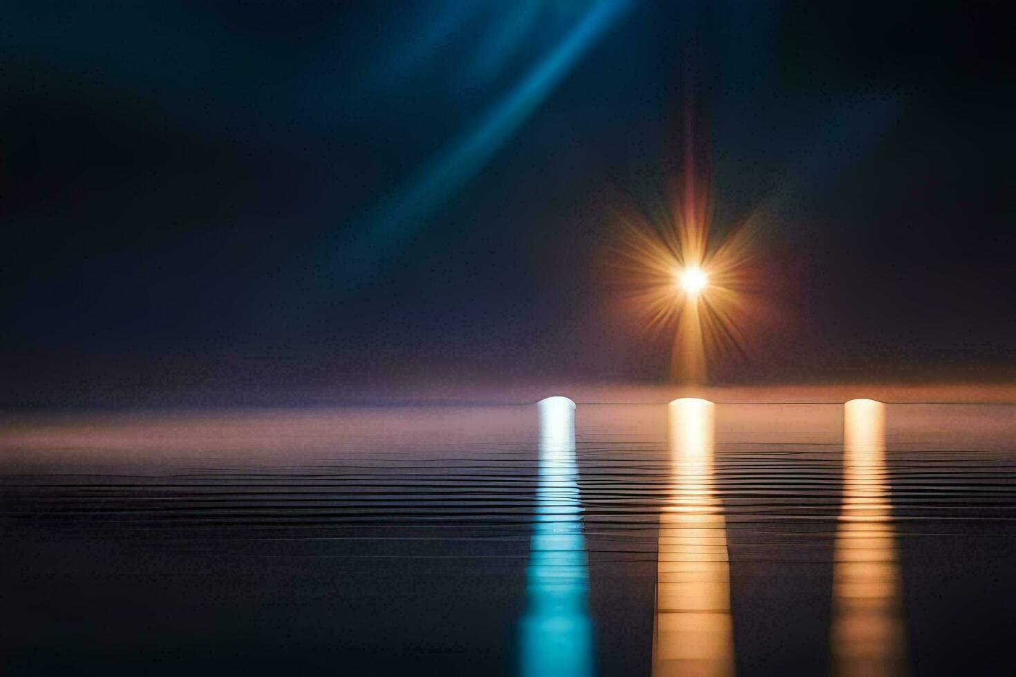 a bright light shining over the water at night. AI-Generated photo