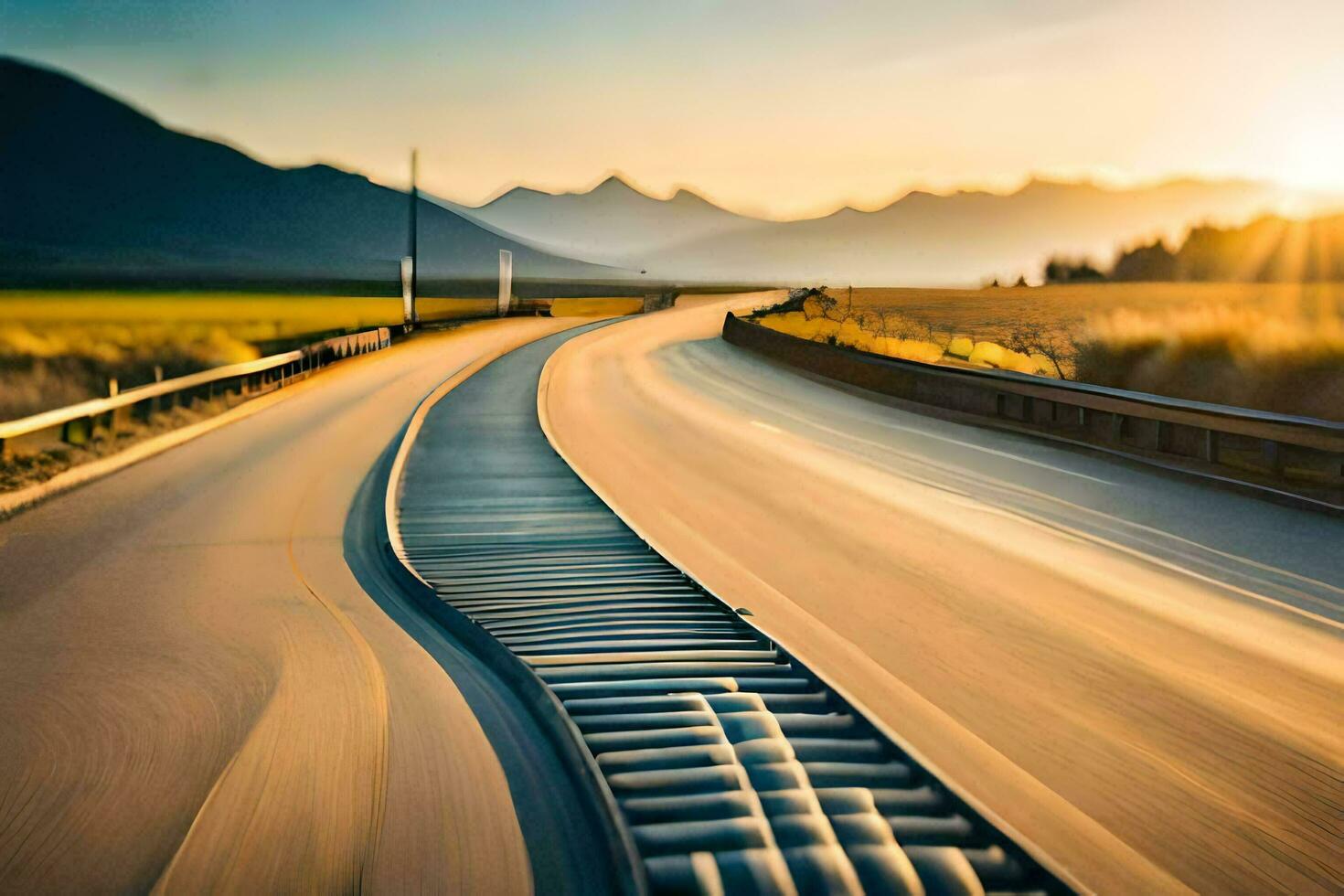 a long road with a long bridge in the middle. AI-Generated photo