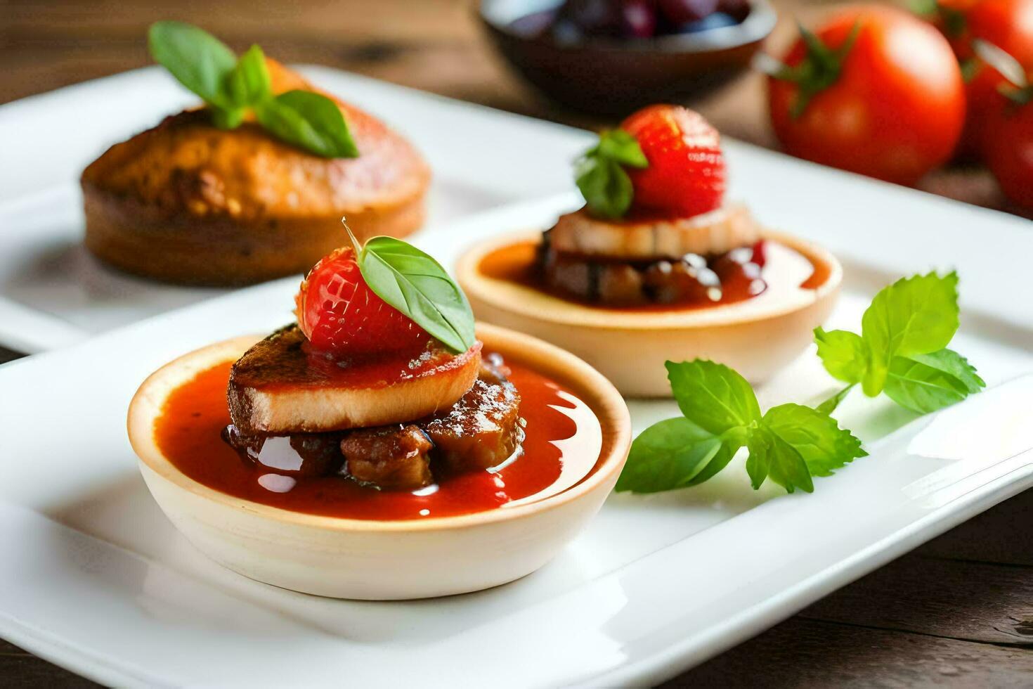 three small dishes with food on a wooden table. AI-Generated photo