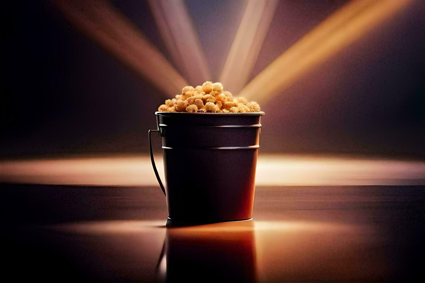 a bucket of popcorn on a table with light shining from behind. AI-Generated photo