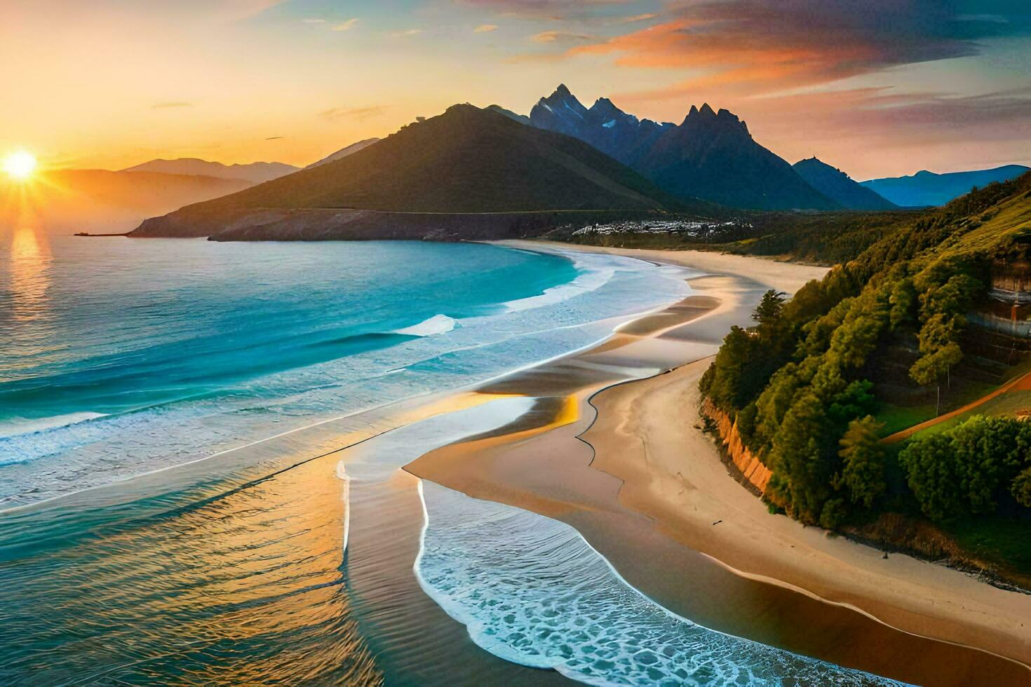 the sun sets over the ocean and mountains in this beautiful beach. AI-Generated photo