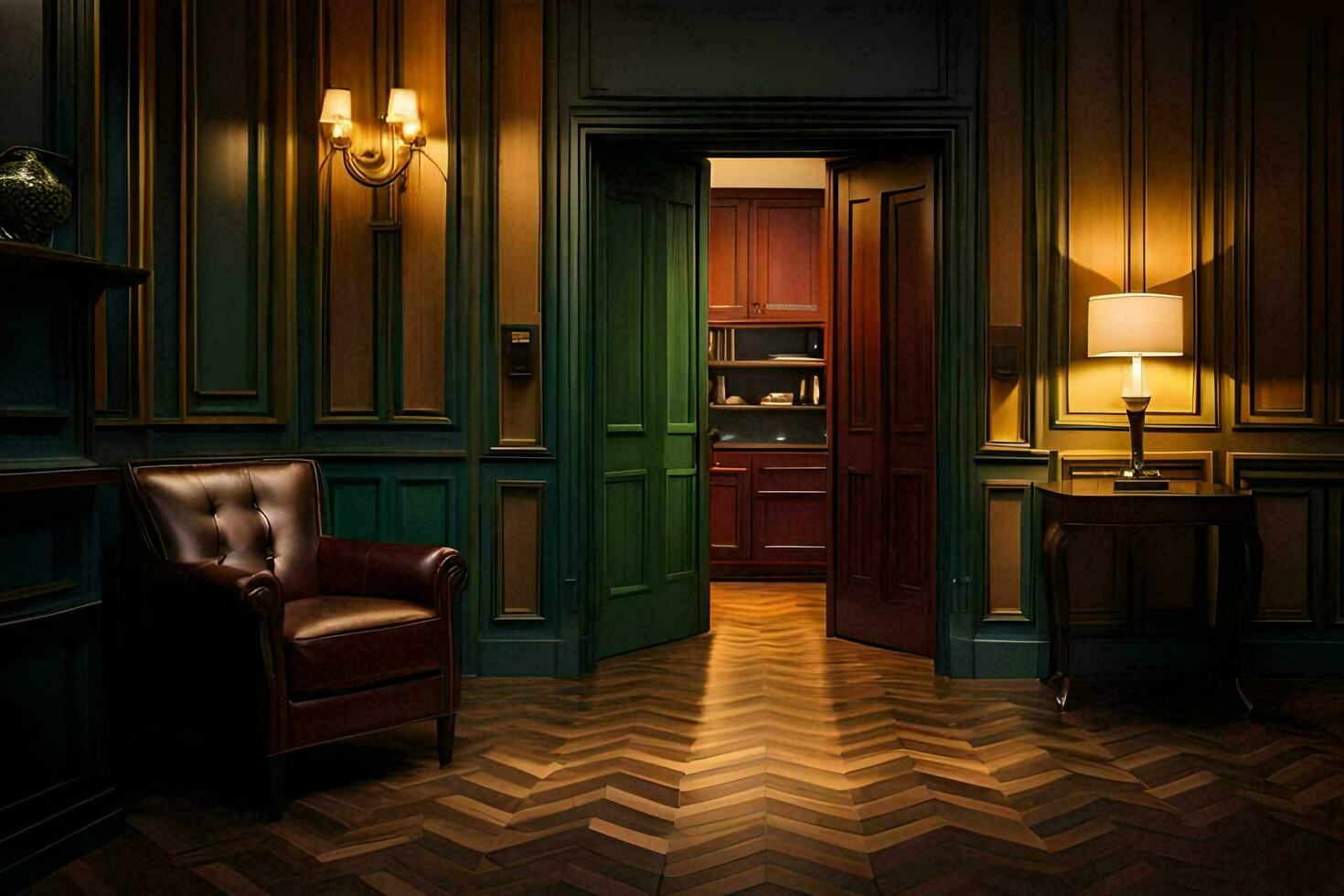 the room is decorated with a chair and a lamp. AI-Generated photo