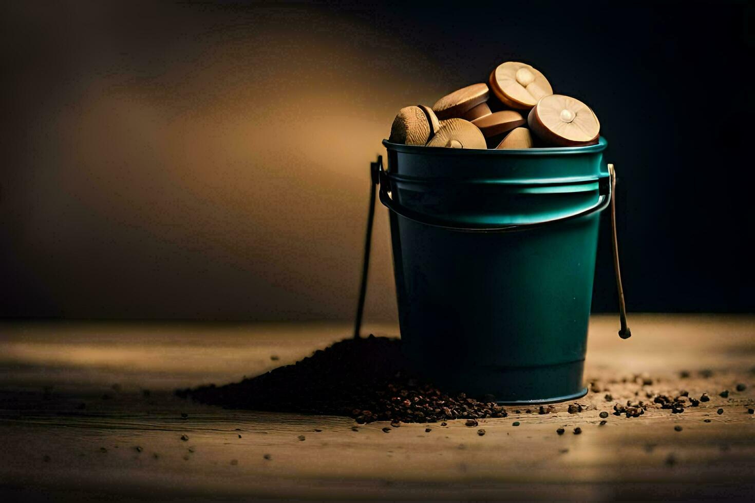 a bucket filled with coffee beans and a spoon. AI-Generated photo