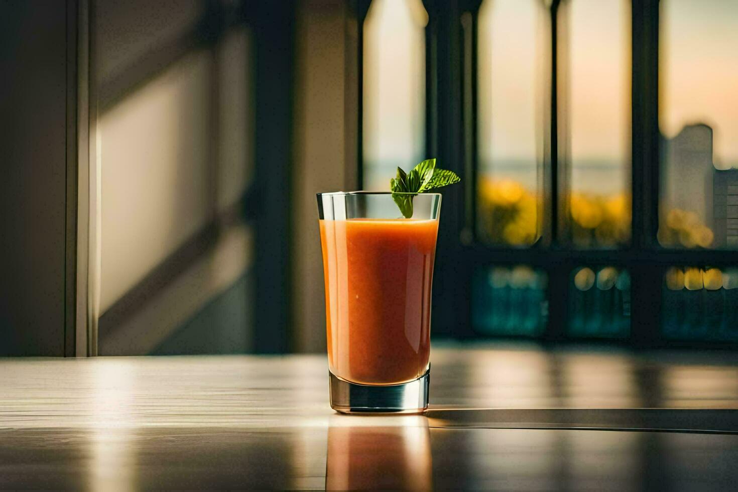 a glass of orange juice sitting on a table. AI-Generated photo