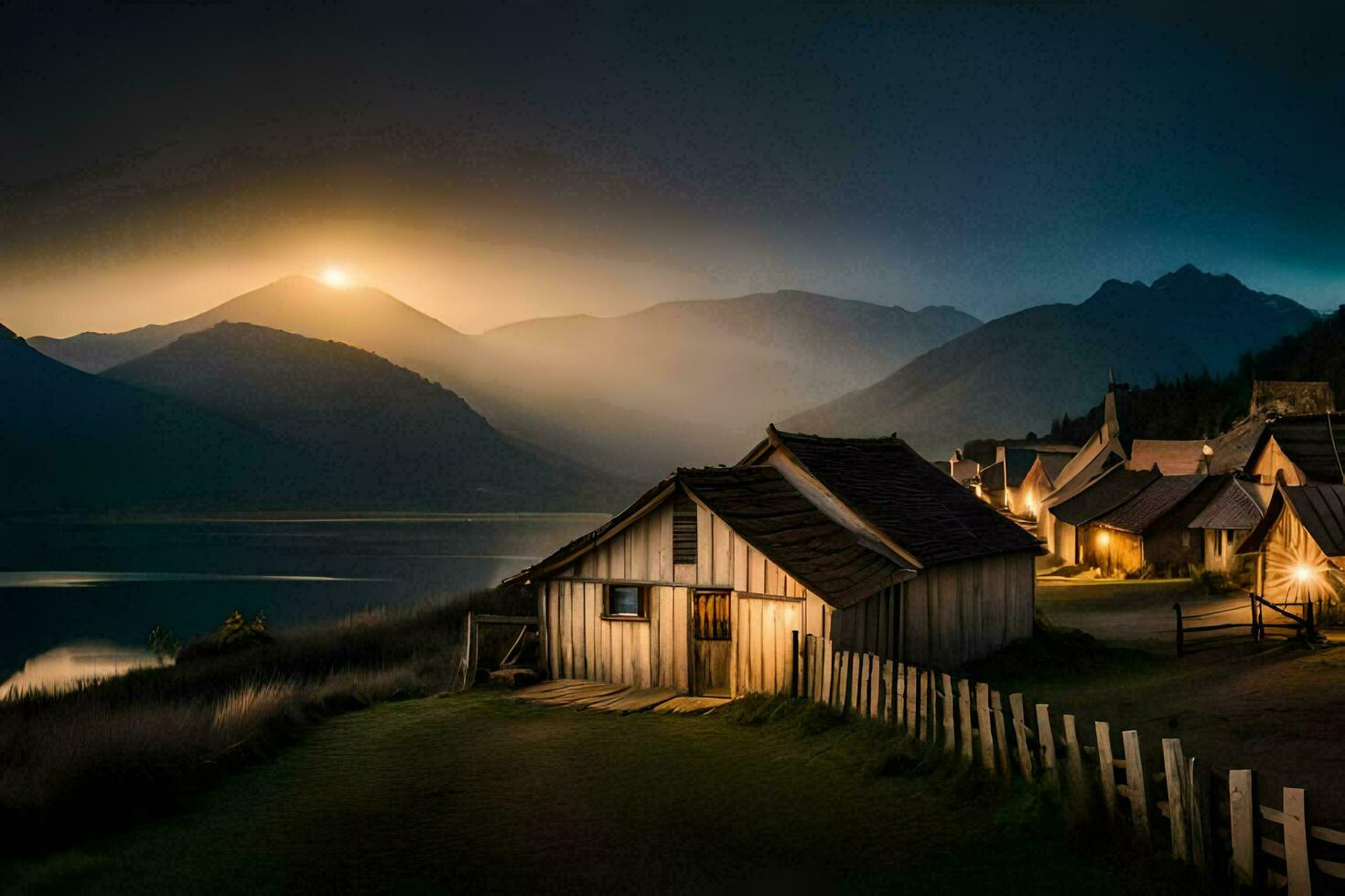 photo wallpaper the sky, mountains, the sun, the moon, the mountains, the lake,. AI-Generated