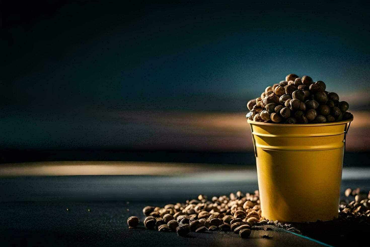 a bucket of coffee beans on a table. AI-Generated photo
