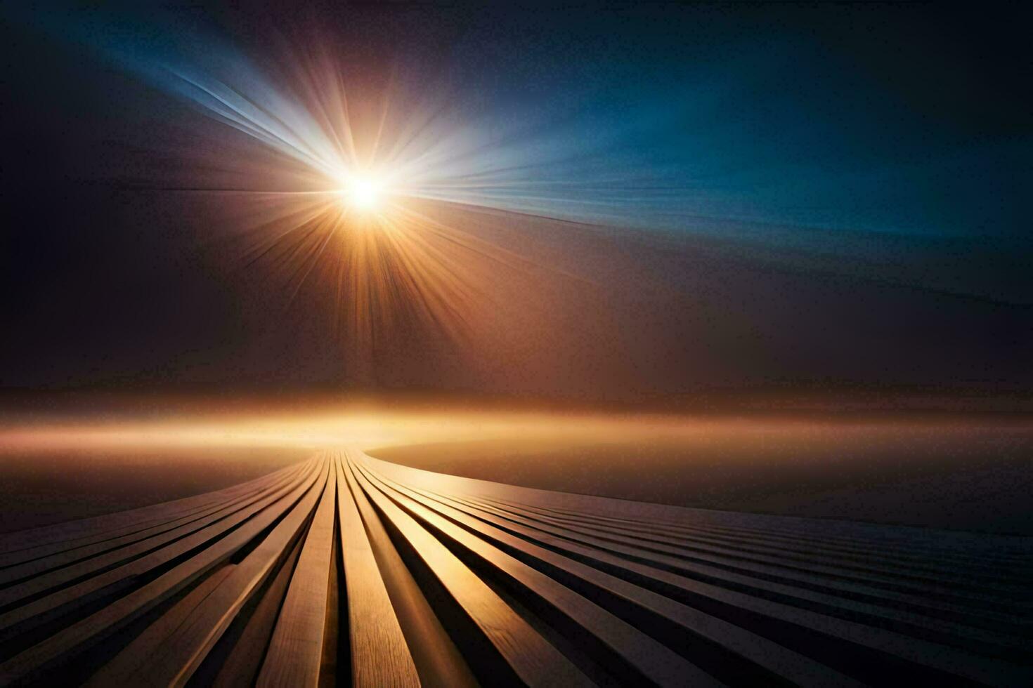 a long, dark road with a bright sun shining through the clouds. AI-Generated photo