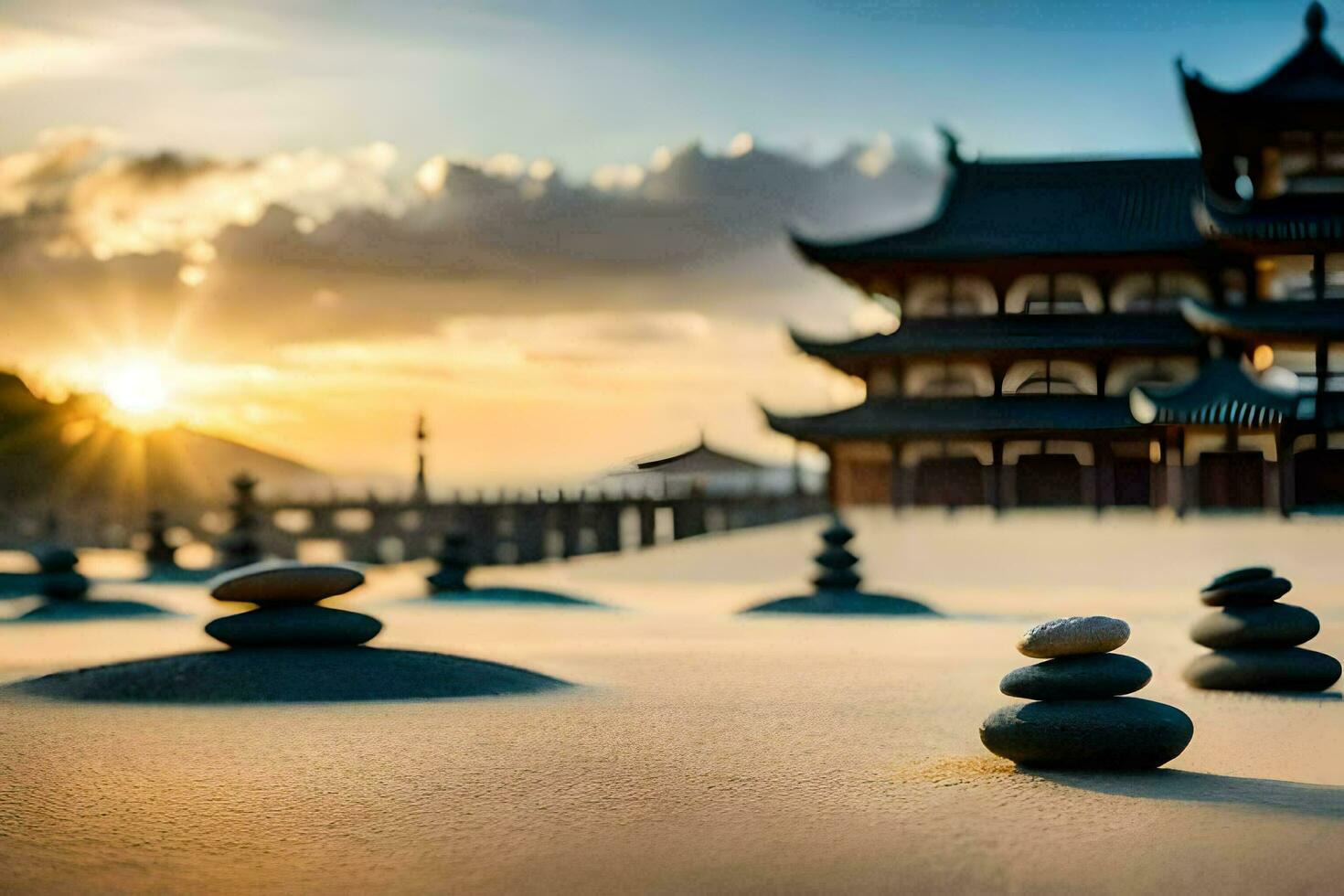 stone piles in the sand with a pagoda in the background. AI-Generated photo
