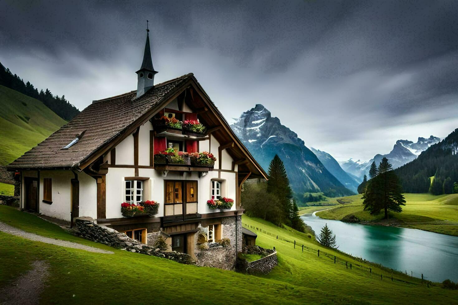 photo wallpaper mountains, the sky, house, lake, house, house, house, house,. AI-Generated