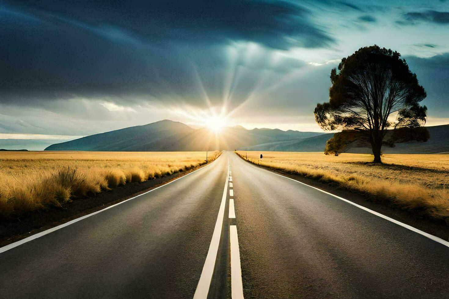 a long empty road with the sun shining in the distance. AI-Generated photo