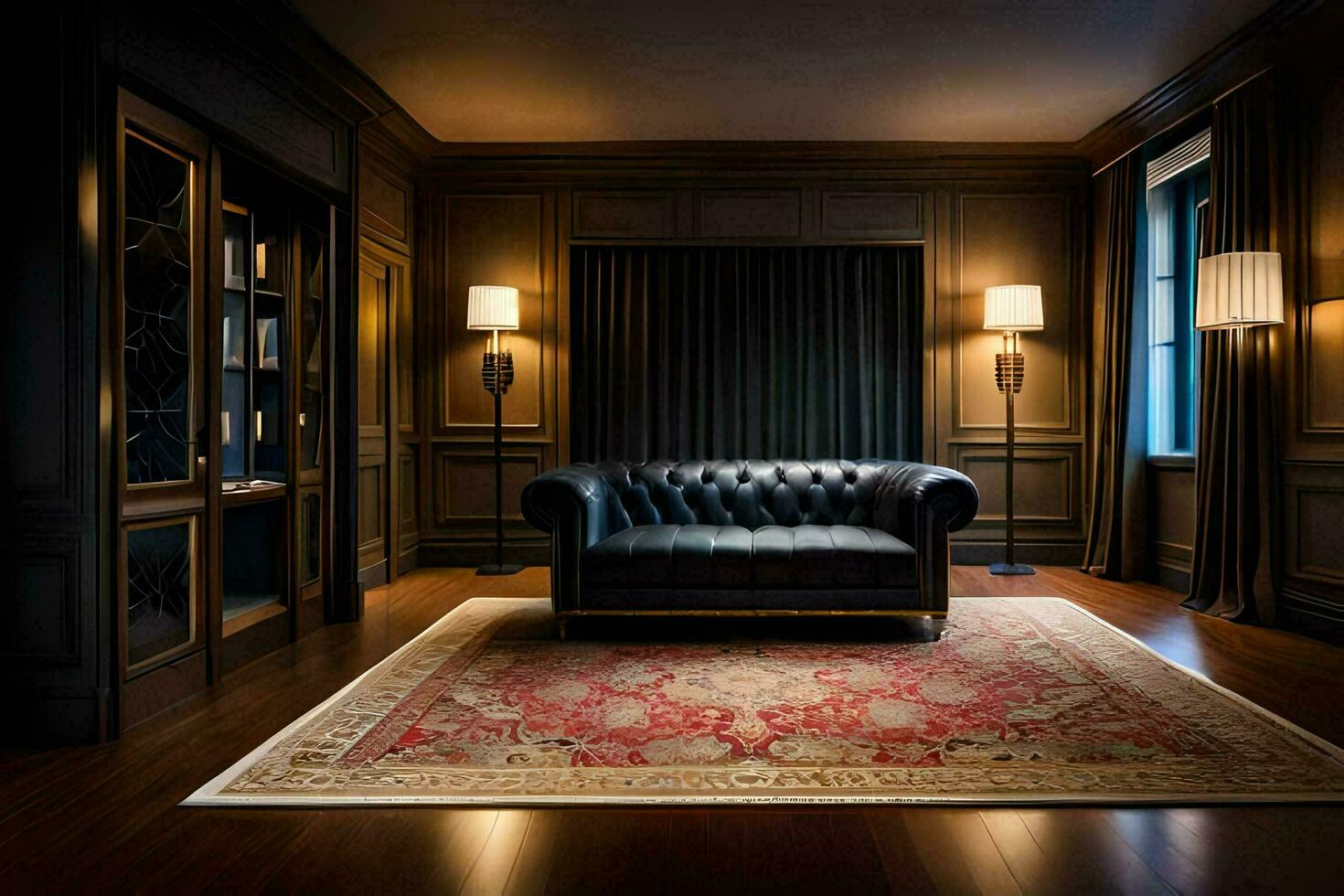 a room with a leather couch and a rug. AI-Generated photo