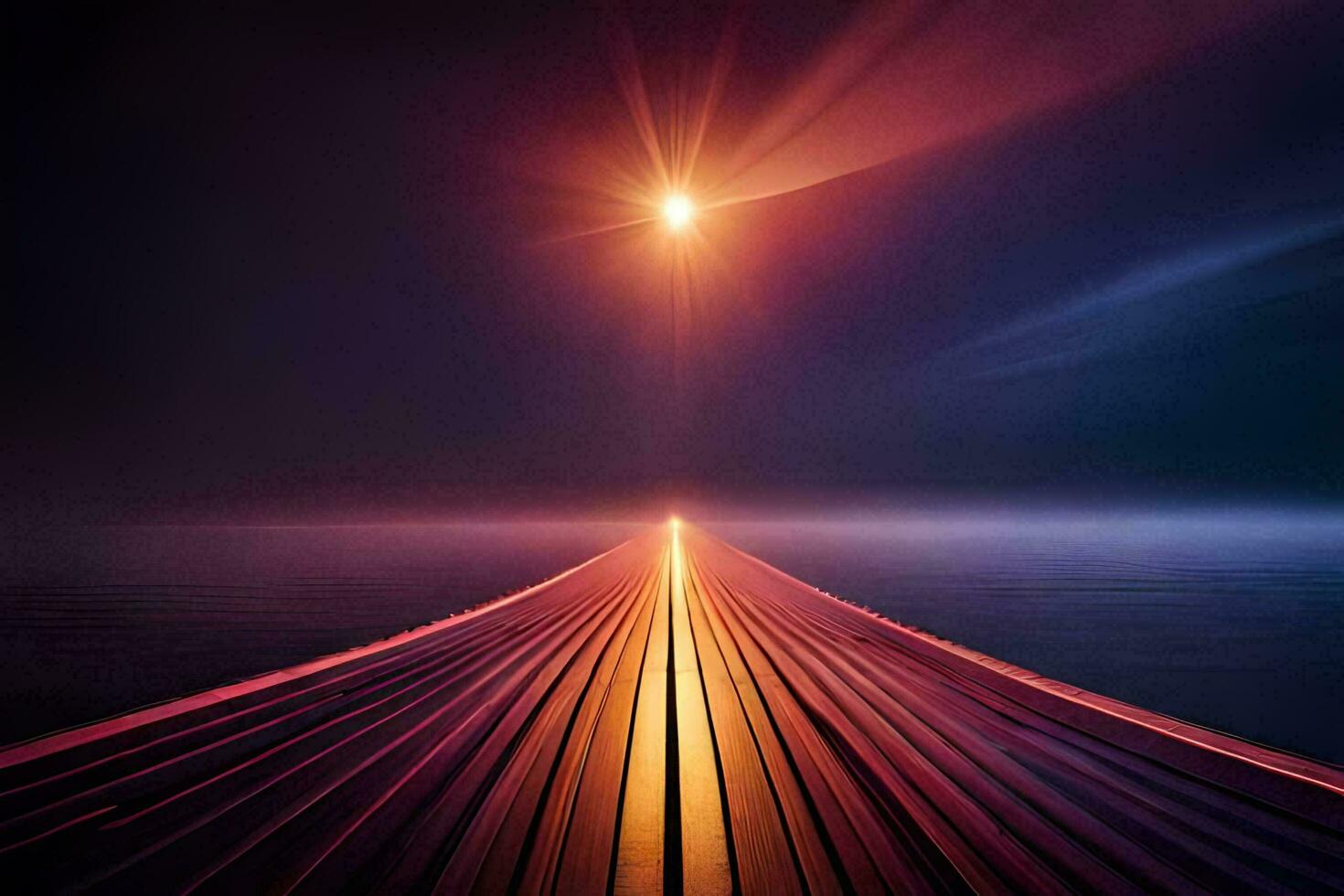 a long wooden pier with a bright light shining above it. AI-Generated photo