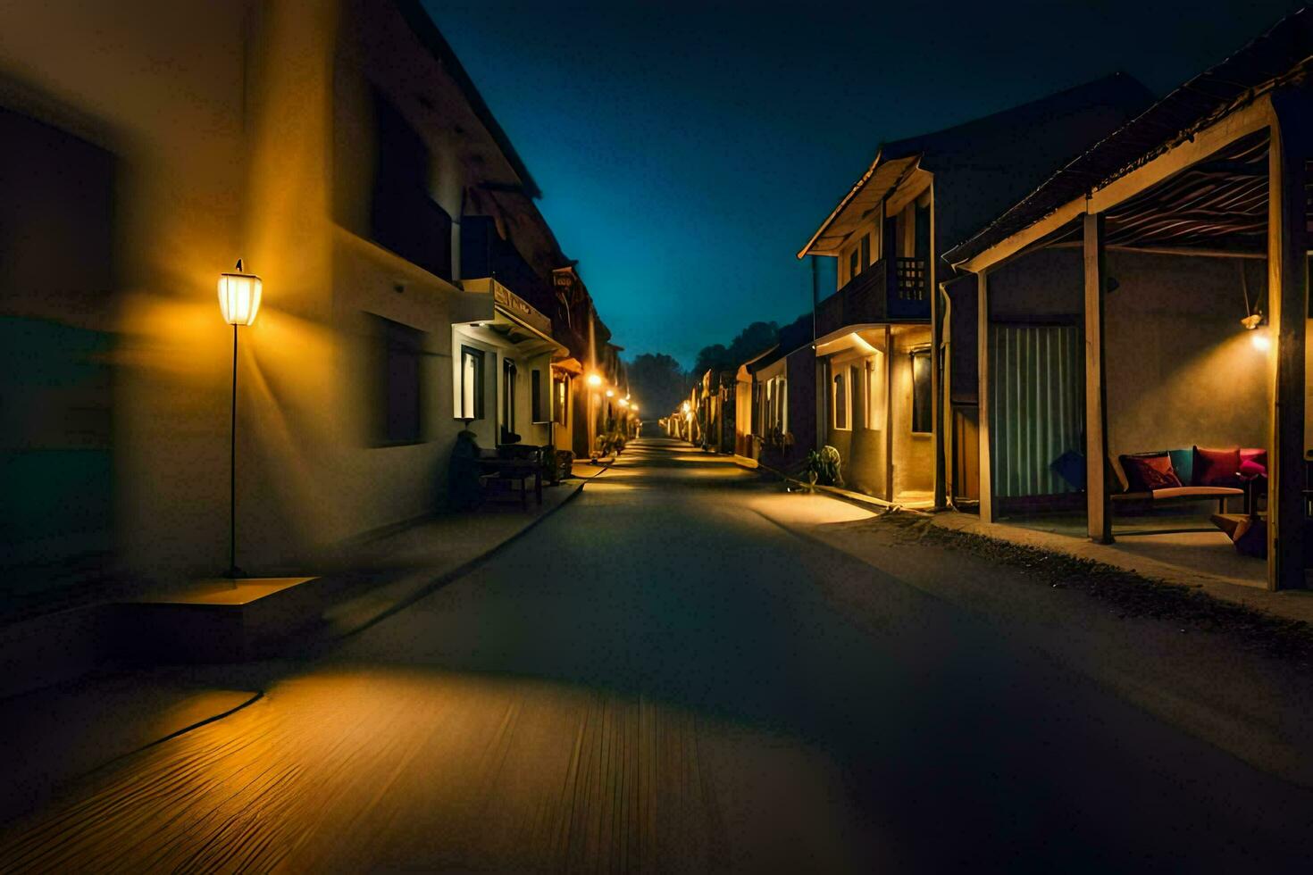 a street at night with a street lamp. AI-Generated photo