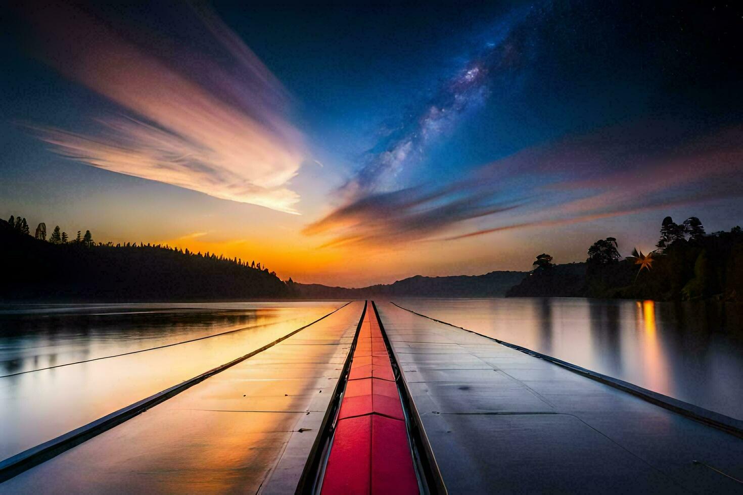 a long bridge over a lake at sunset. AI-Generated photo