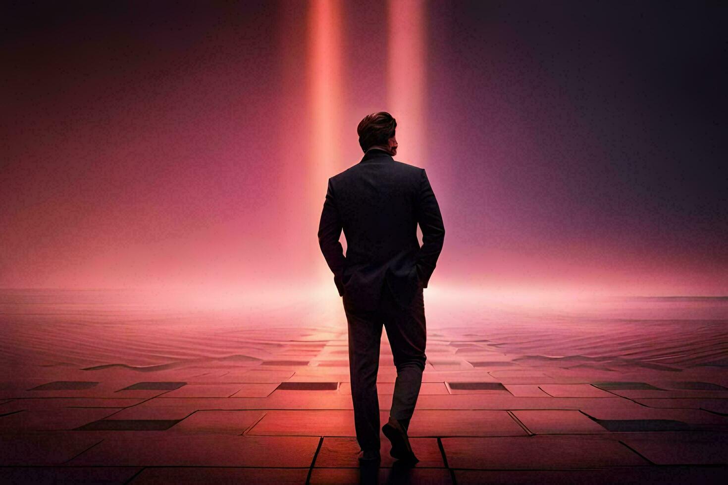 a man in a suit standing in front of a red light. AI-Generated photo