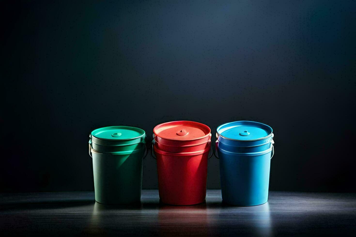three colorful plastic buckets on a dark background. AI-Generated photo