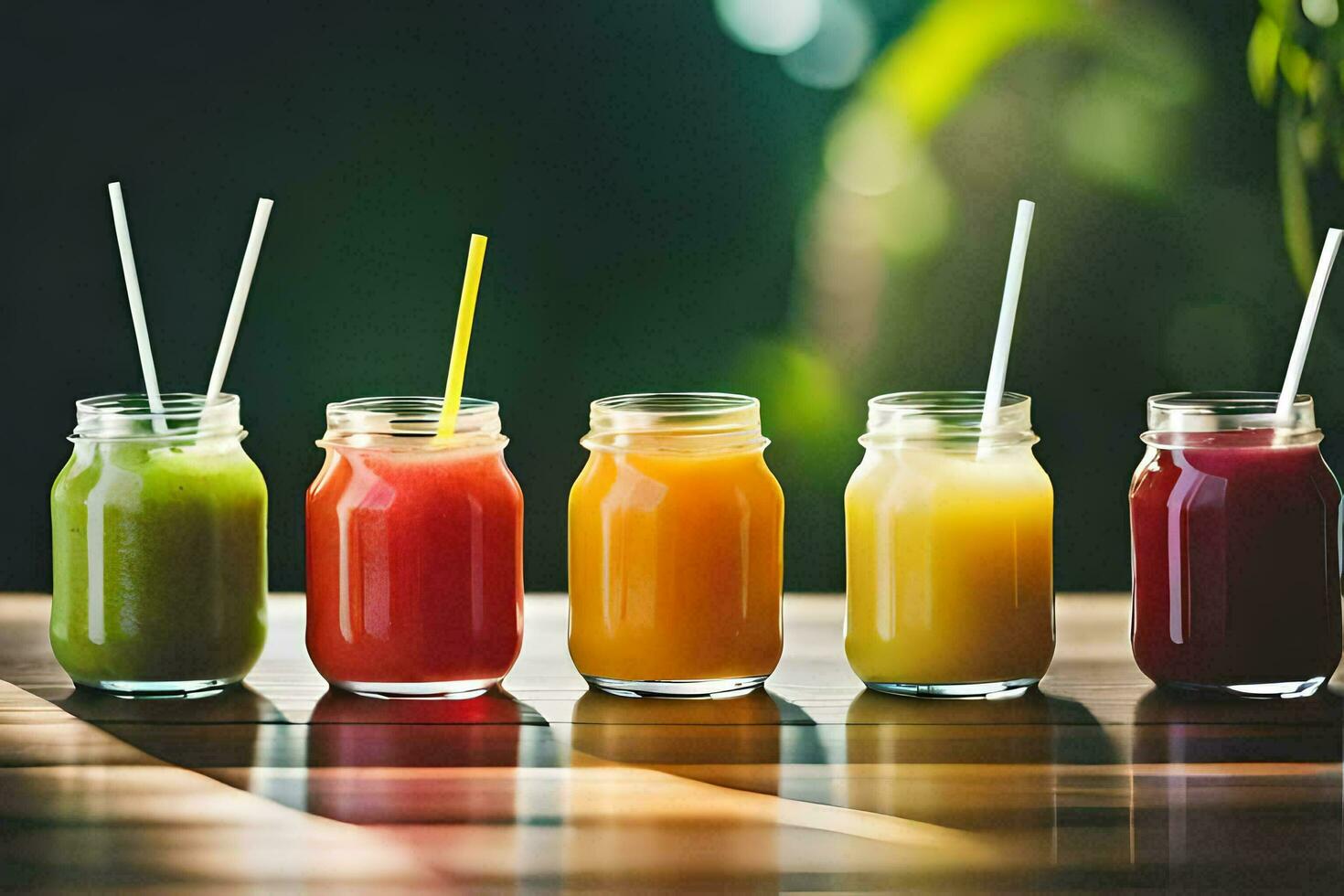 five different types of juices in jars. AI-Generated photo