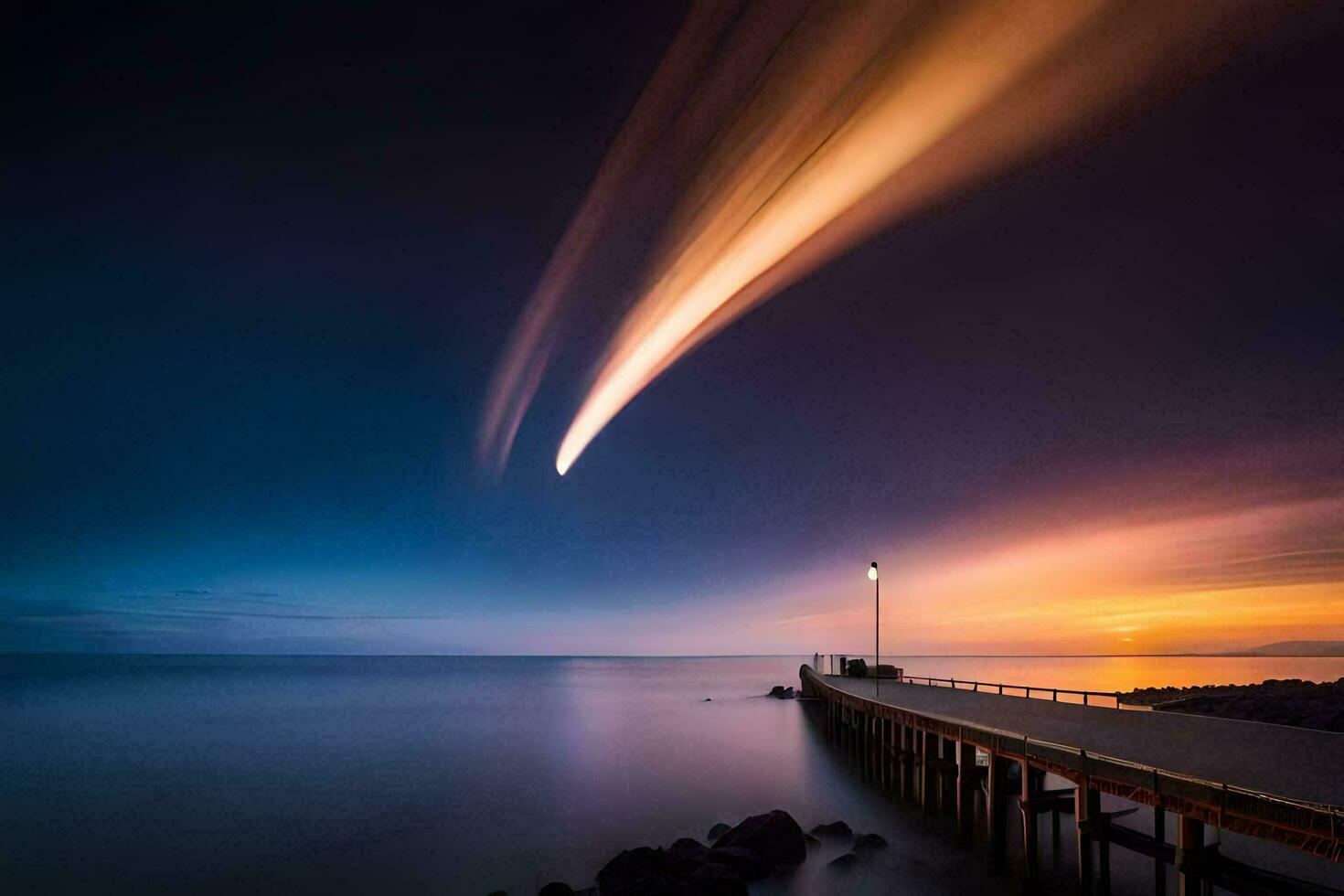 a long exposure photograph of a pier at sunset. AI-Generated photo