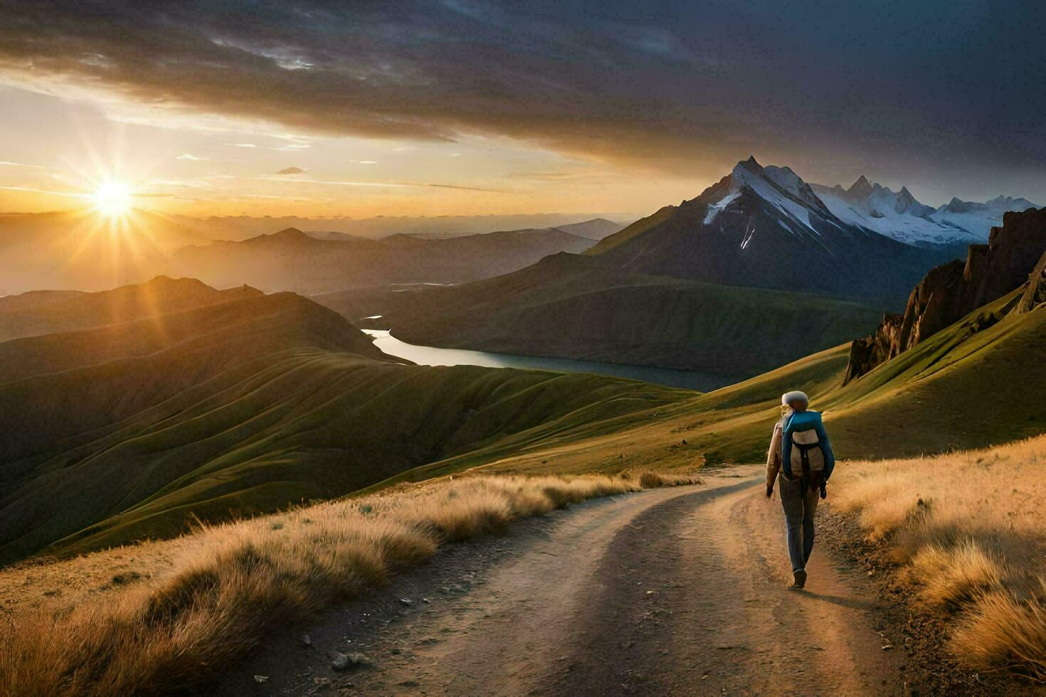 a person walking on a dirt road in the mountains. AI-Generated photo