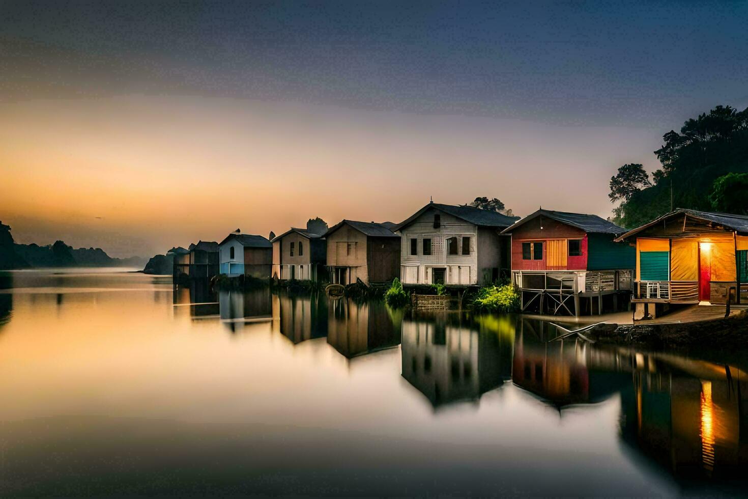 a row of houses on the water at sunset. AI-Generated photo