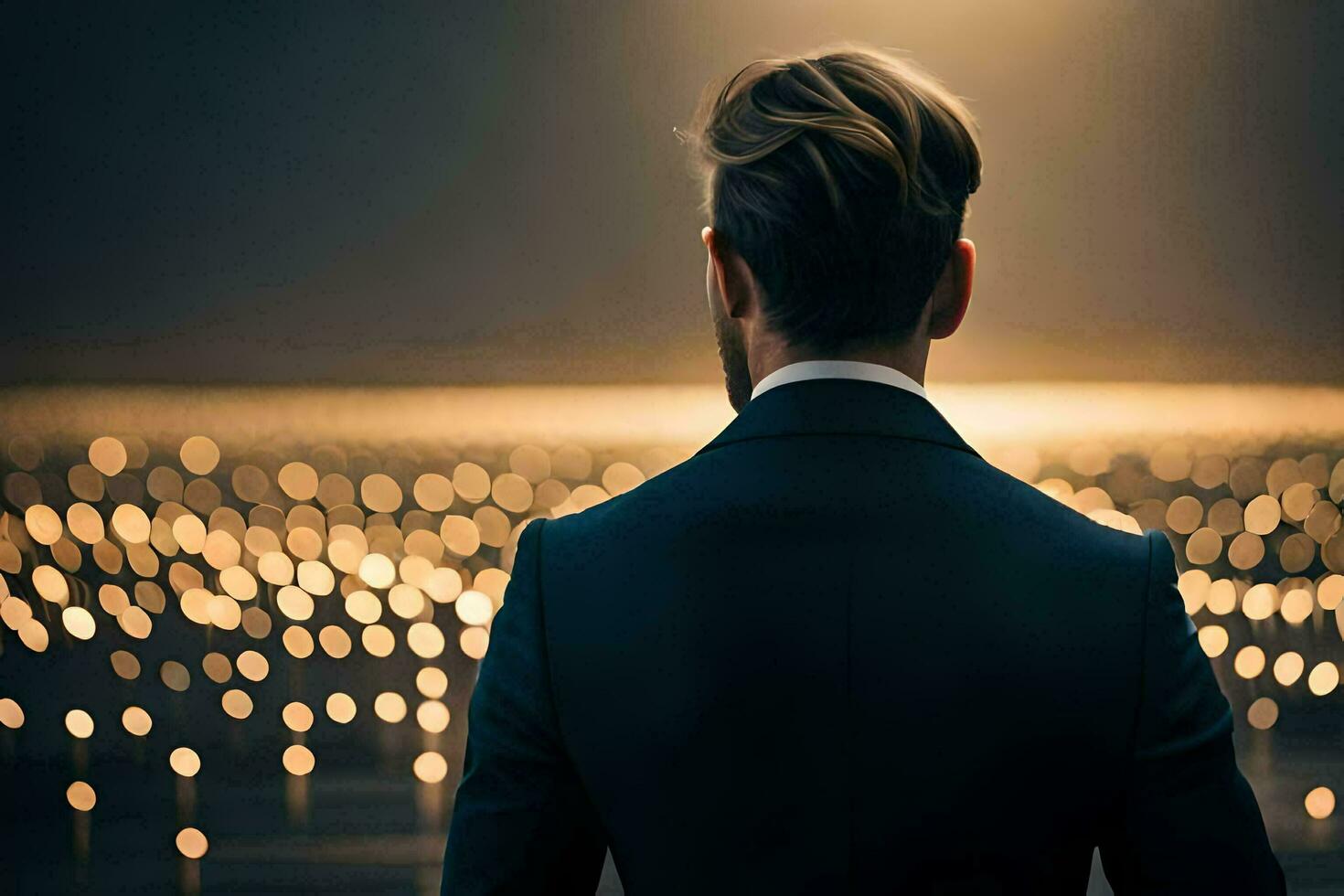 a man in a suit looking at lights in the distance. AI-Generated photo