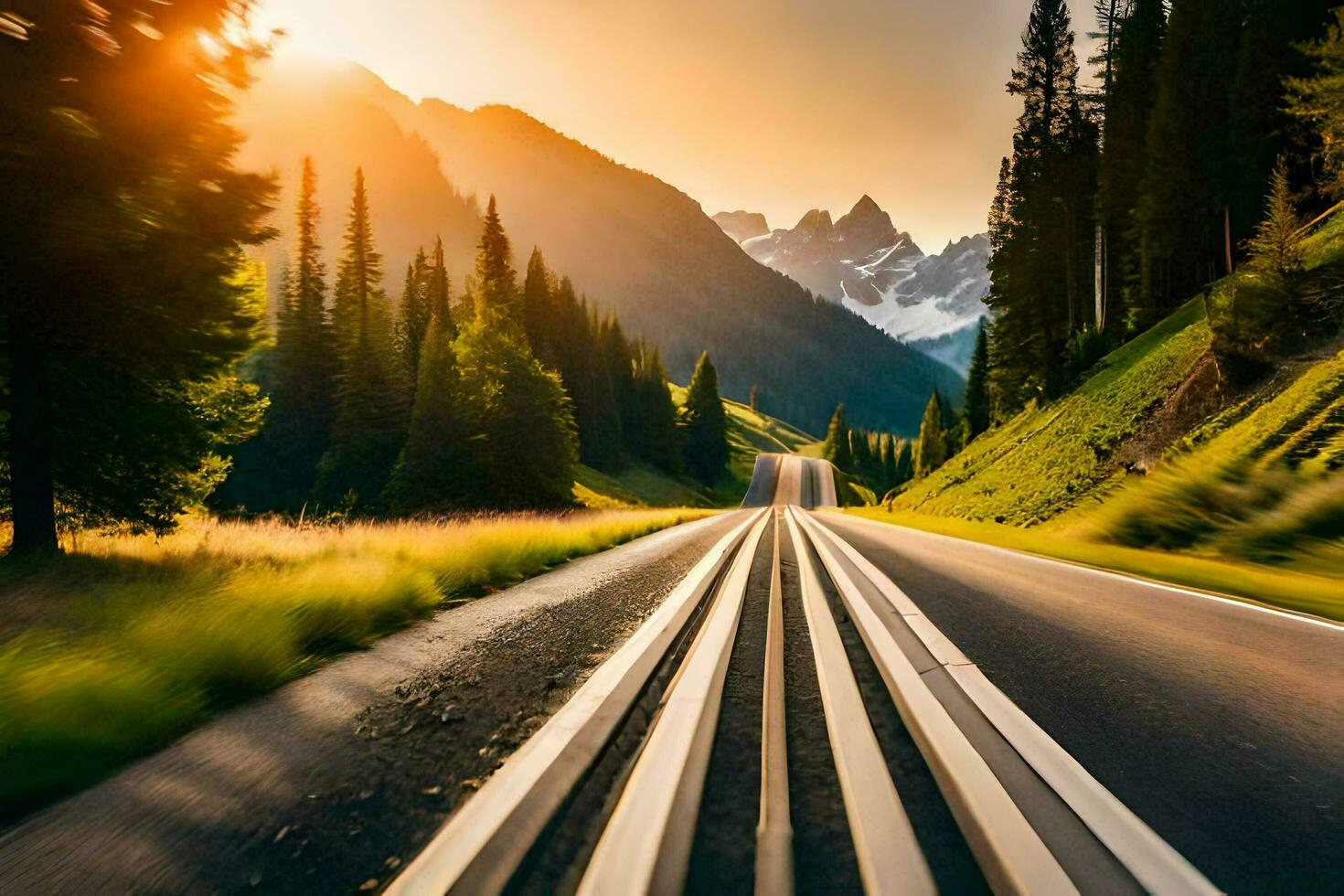 a road is shown in the mountains with the sun setting. AI-Generated photo