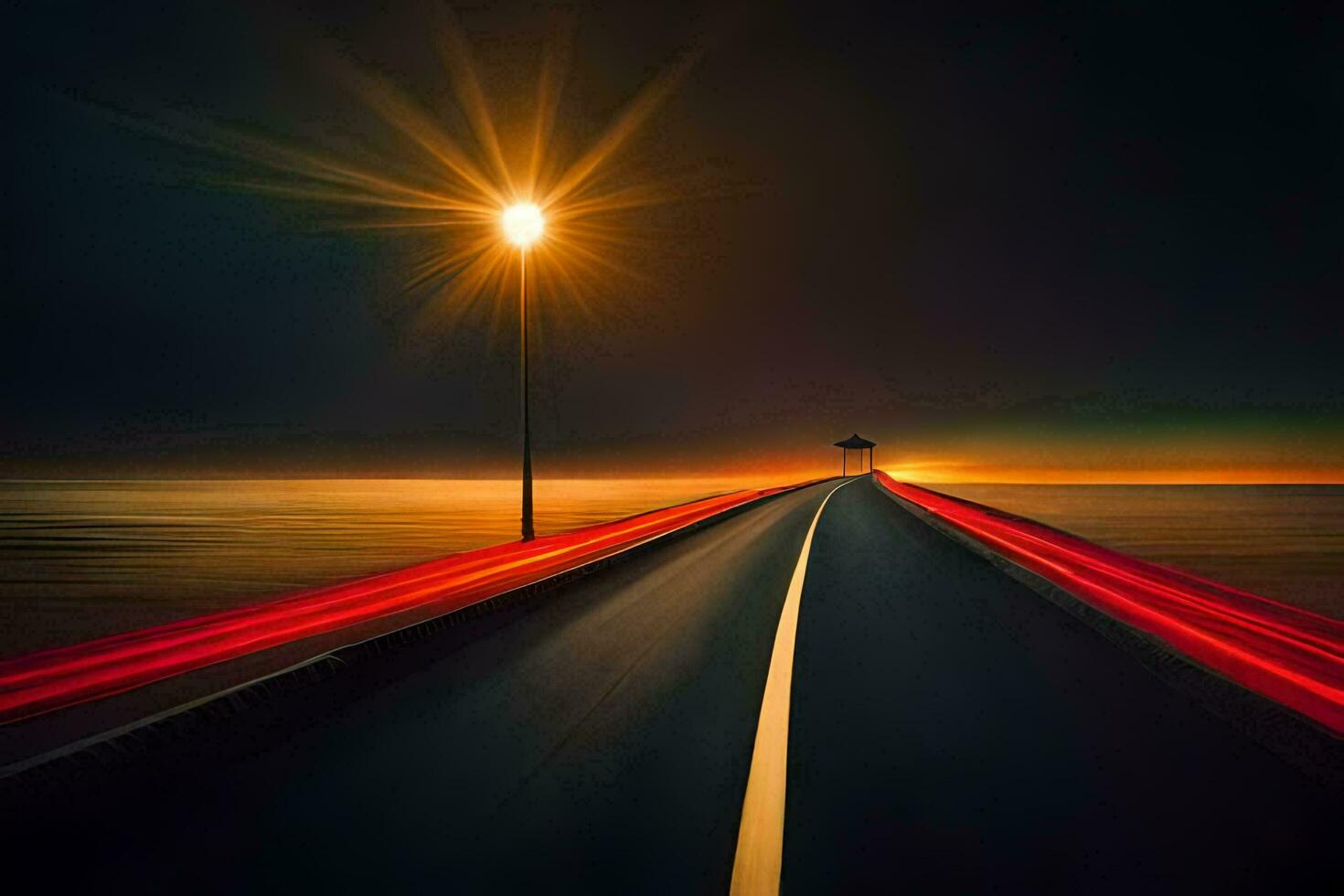 a long exposure photograph of a road with a light trail. AI-Generated photo