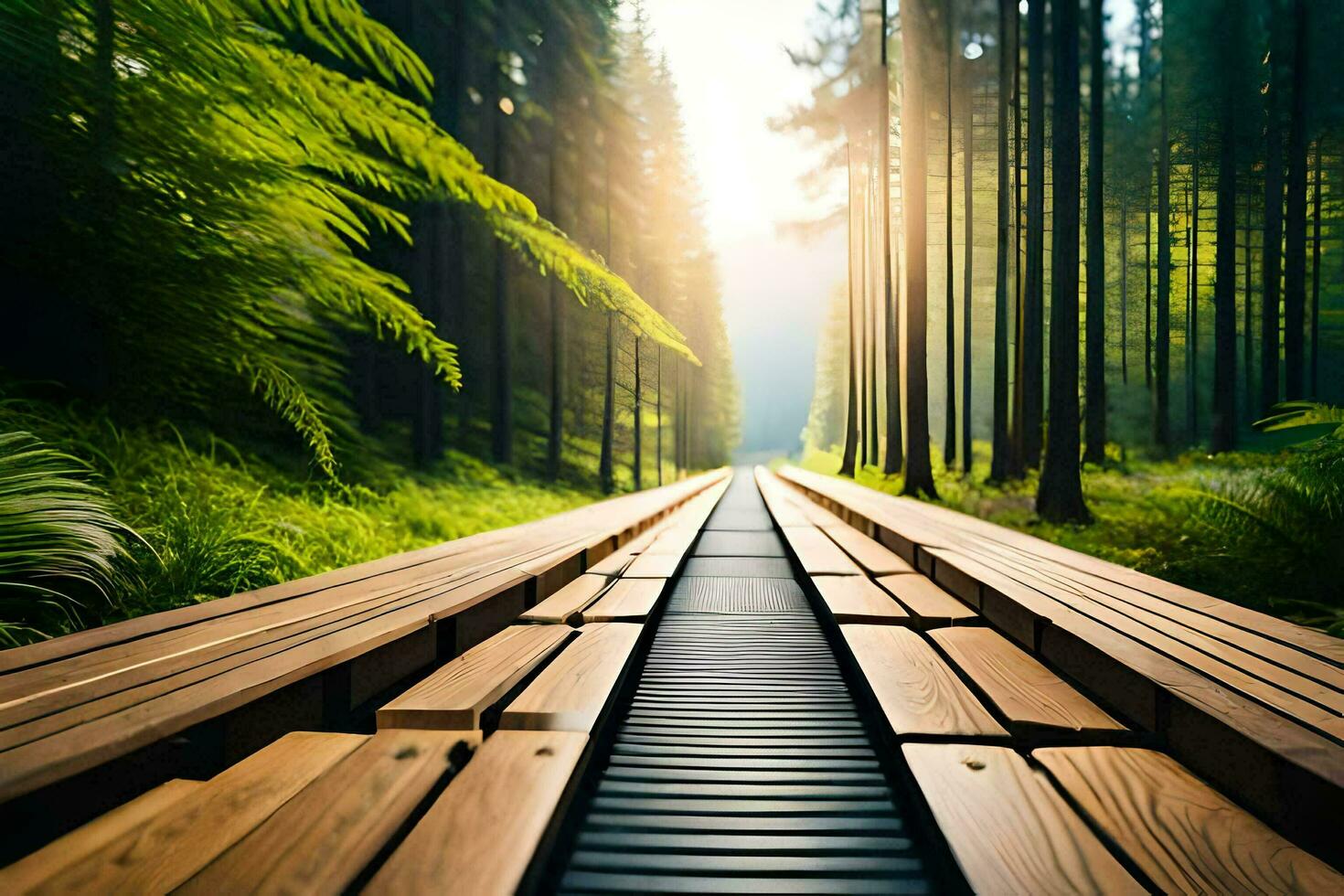 a wooden walkway in the middle of a forest. AI-Generated photo