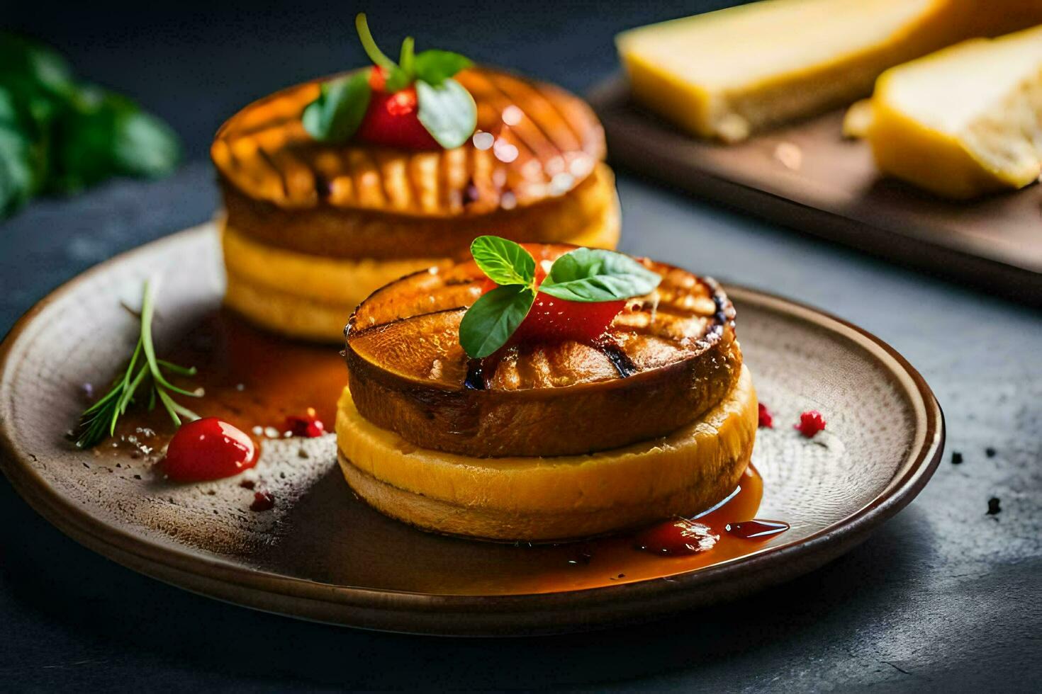two small cakes with cheese and tomatoes on a plate. AI-Generated photo