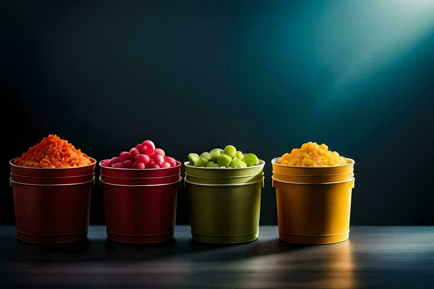 four buckets of different colored ice cream. AI-Generated photo