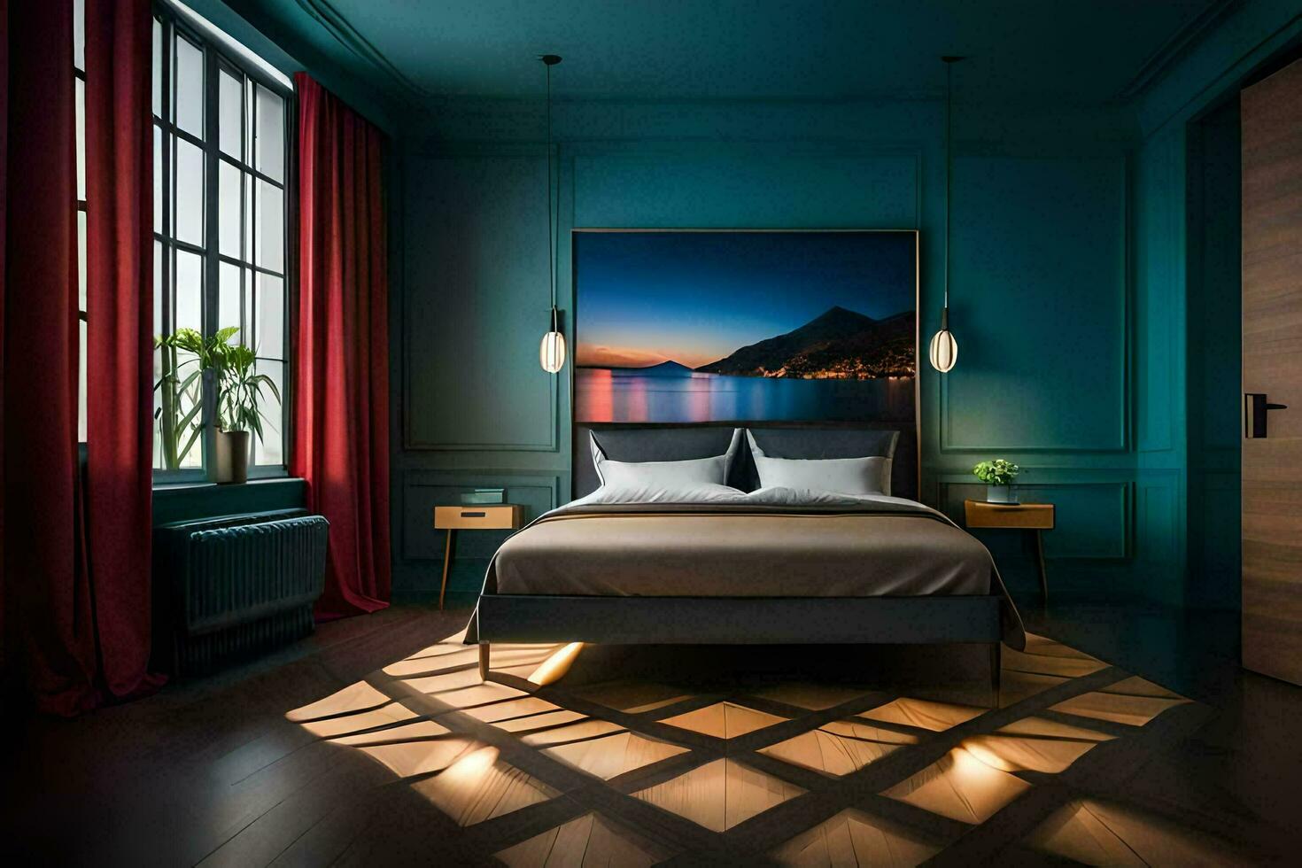 a bedroom with a large painting on the wall. AI-Generated photo