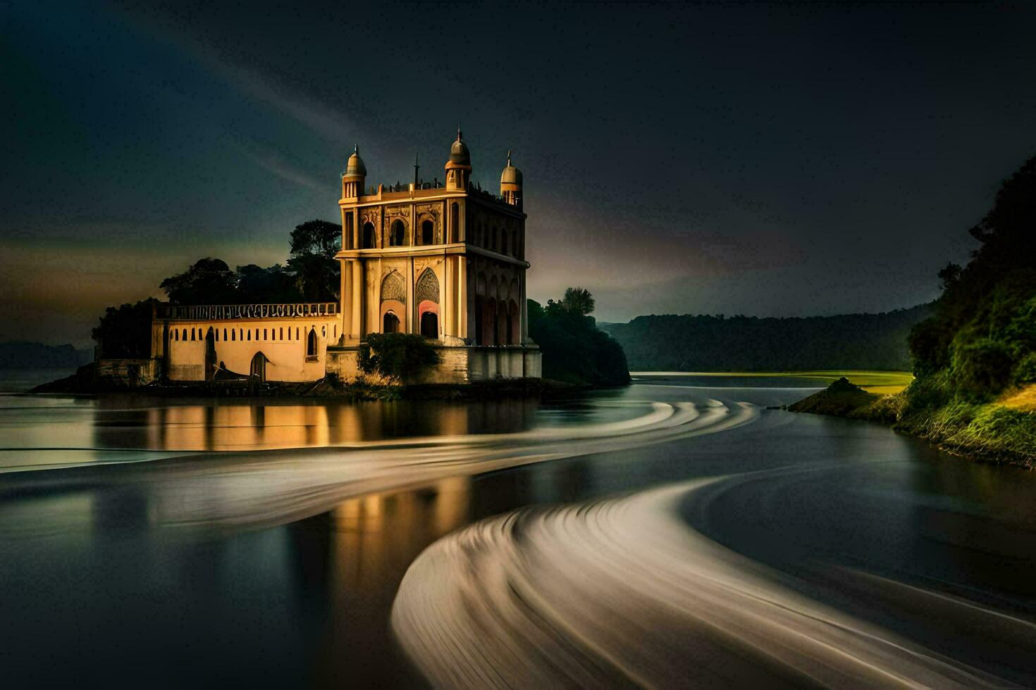 a castle sits on the edge of a river at night. AI-Generated photo