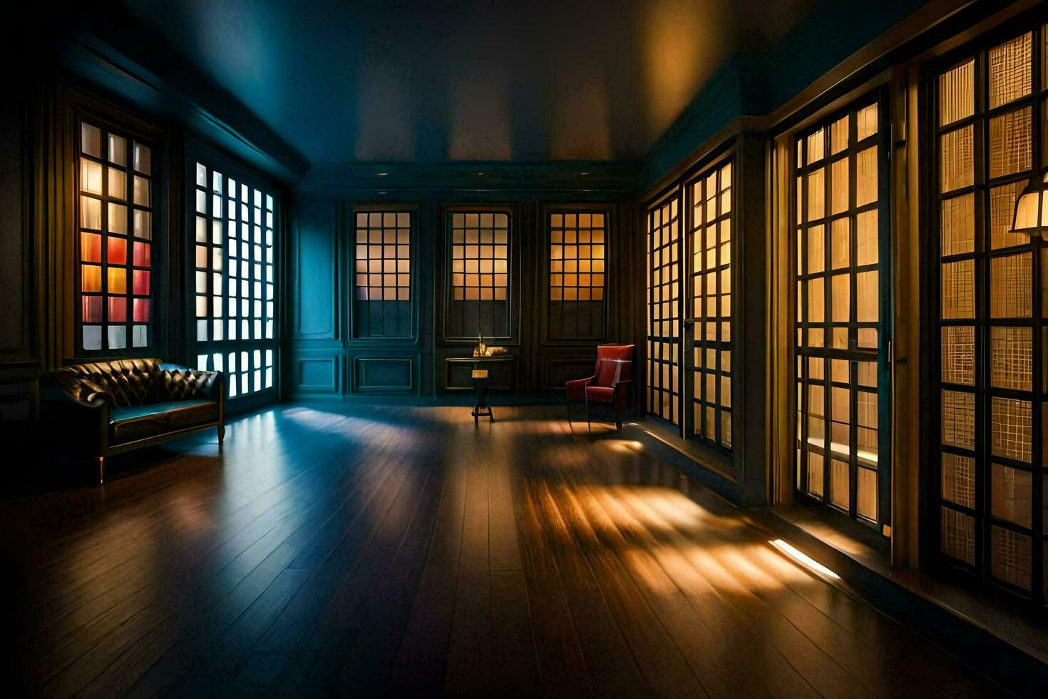 a room with dark wood floors and windows. AI-Generated photo